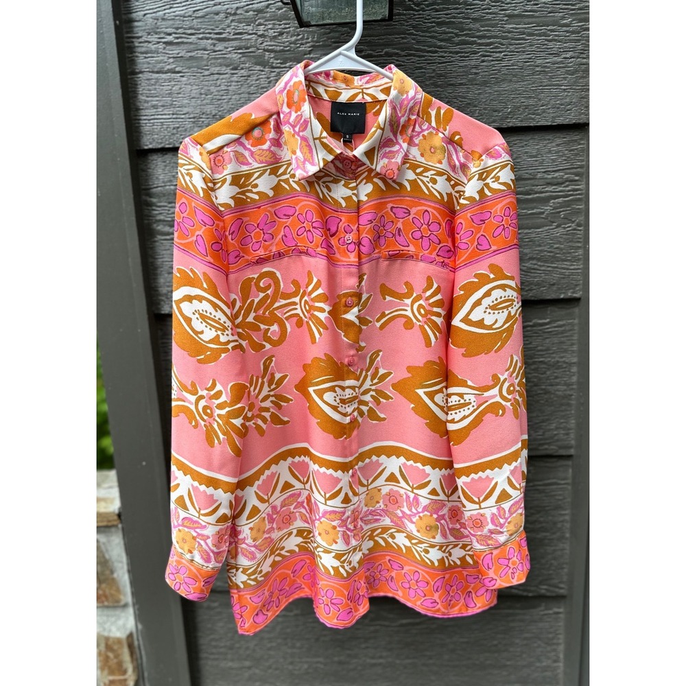 Alex Marie Pink Orange Floral Paisley Button Down Blouse‎ Shirt Small NWT